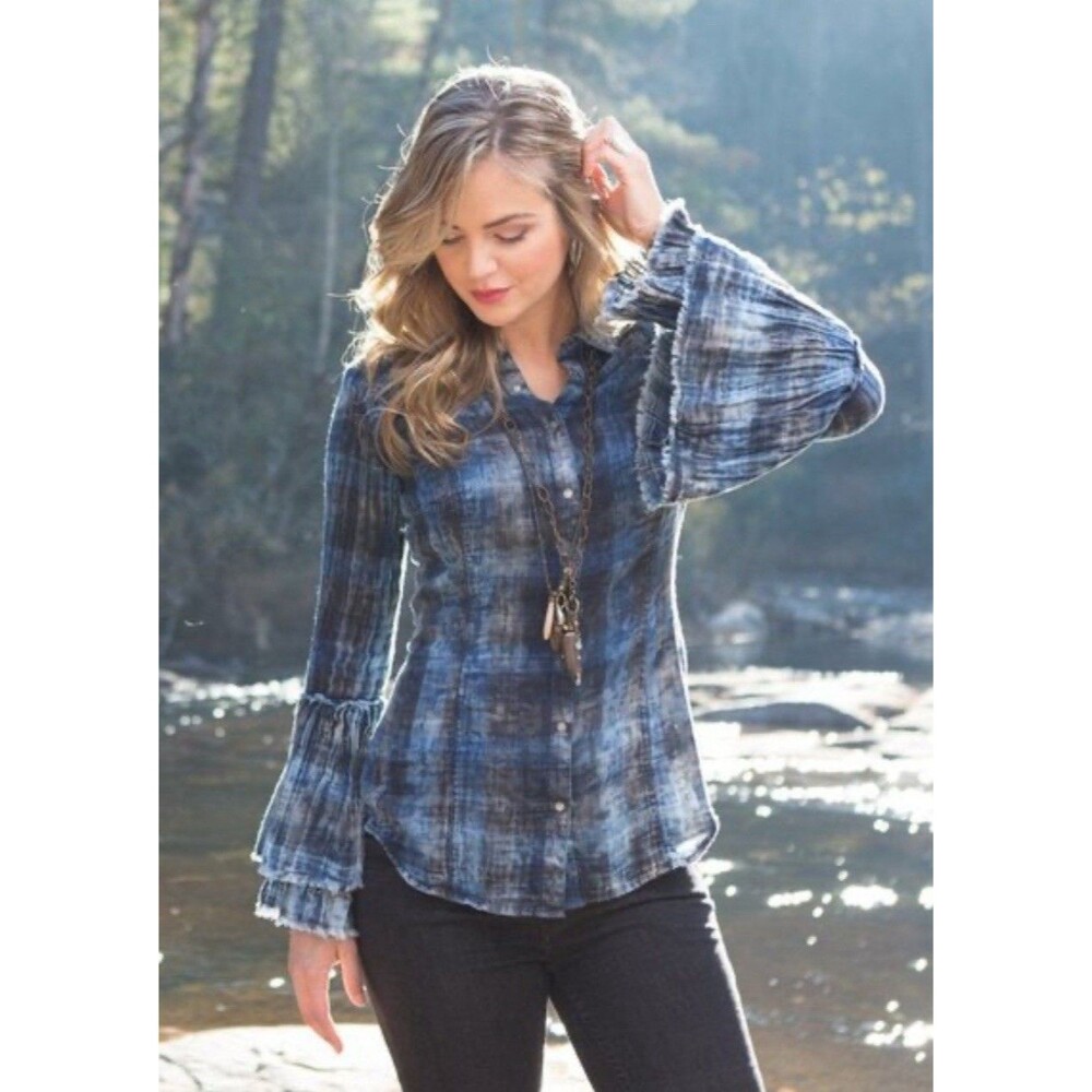 Ryan Michael Indigo Plaid Cowgirl Western Multi Tiered Rodeo Shirt Sz Medium EUC